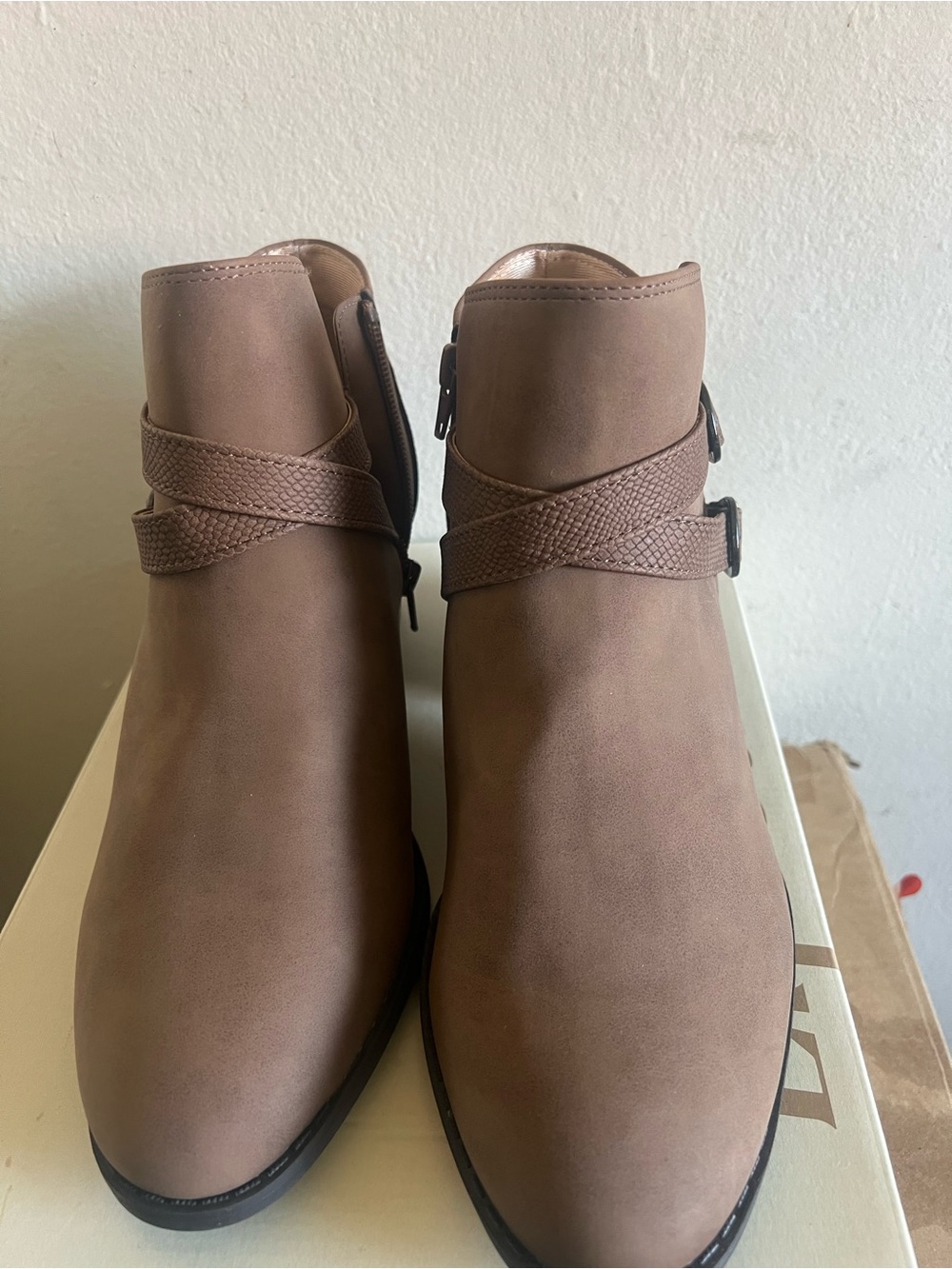 Life Stride Taupe Ankle Booties with Wrap Strap Detail